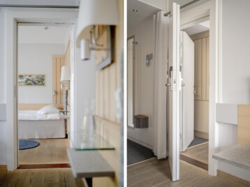 detaljer på säng och entre till familjerummet på Djurönäset. Dubbelrum